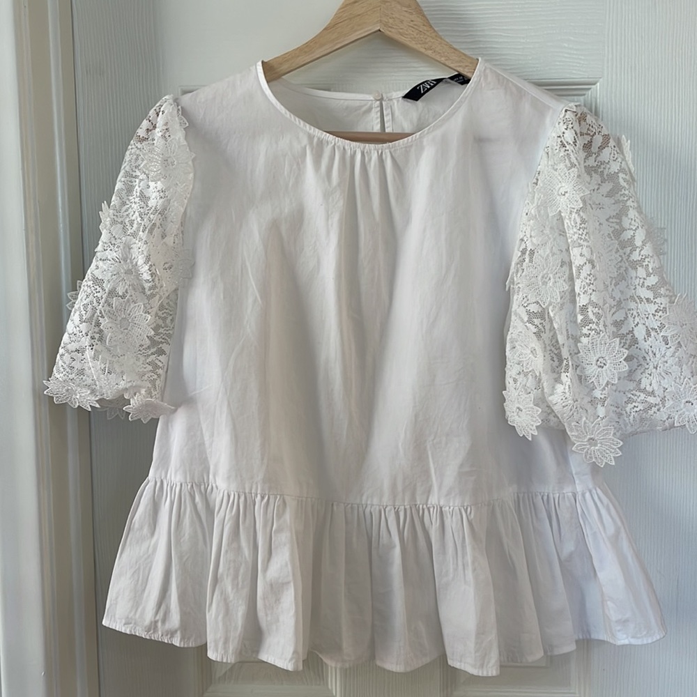 White Peplum Puff Sleeve Shirt - Zara size S